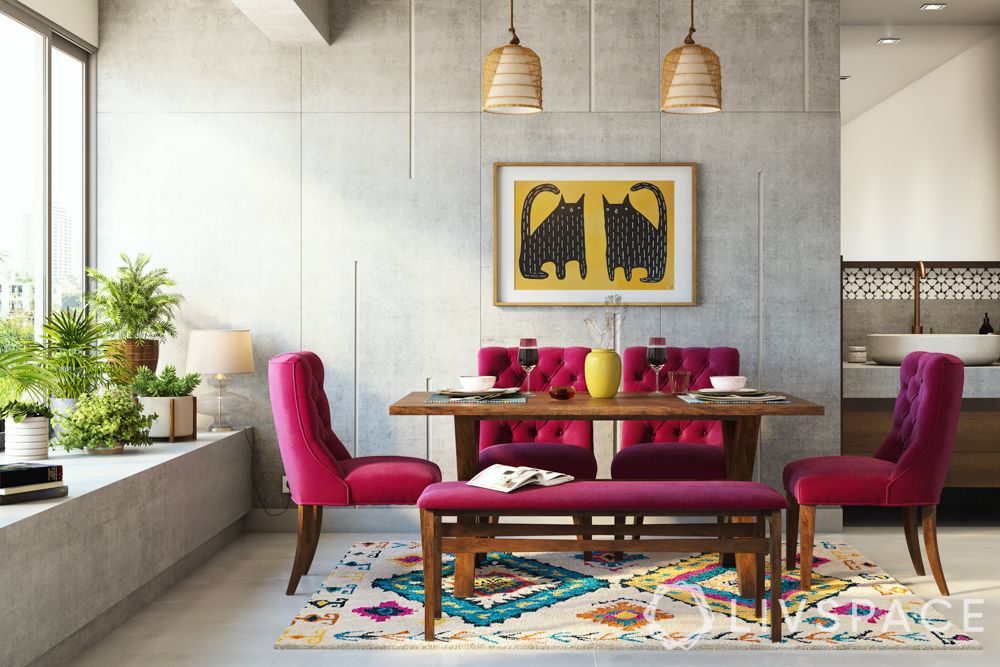 shruti-haasan-dining-room-pink-chairs-concrete-walls