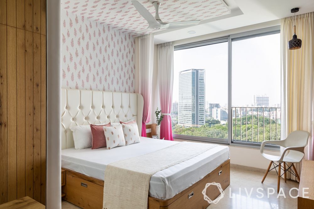 bedroom-layout-white-and-pink-curtains-wooden-bed-headboard-design-chair