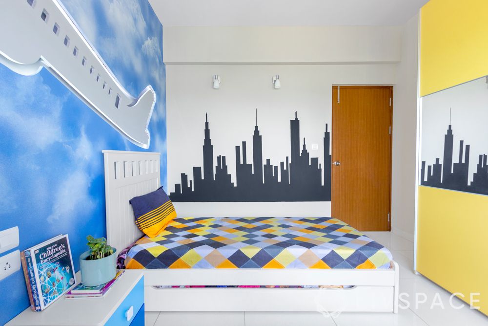 2bhk design-kids room-aeroplane mural-lighting ideas-manhattan silhouette