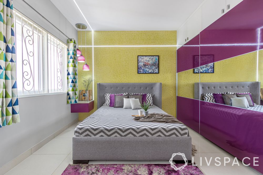 2bhk design-master bedroom-yellow textured paint-high gloss laminate wardrobe-false ceiling design