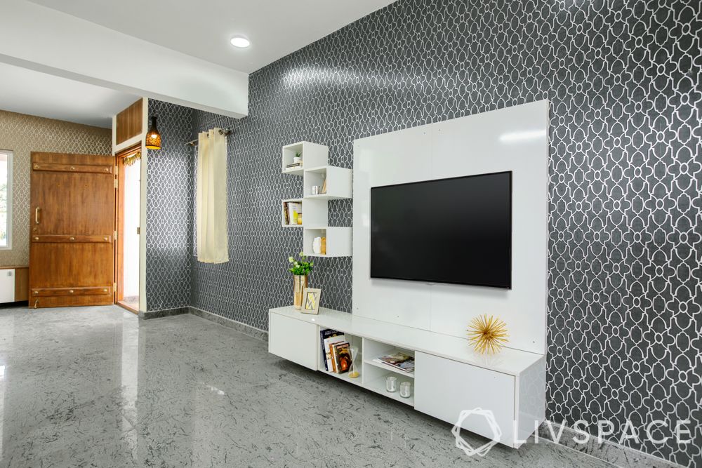 villa interior-grey wallpaper-white tv unit
