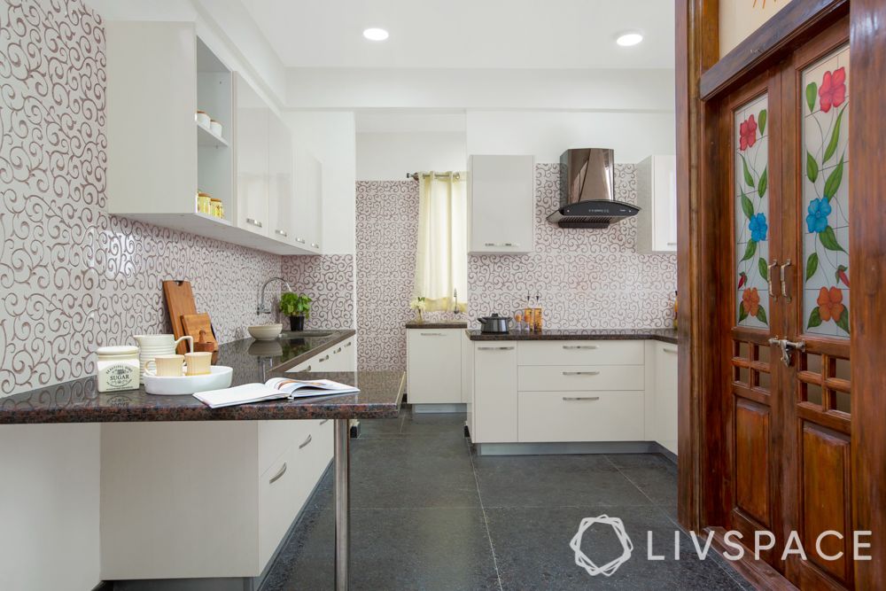 villa interior-minimal kitchen-floral kitchen tiles
