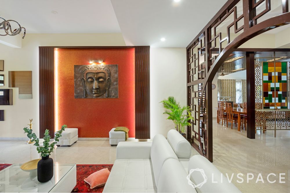 villa interior-orange wall ideas-buddha wall art ideas