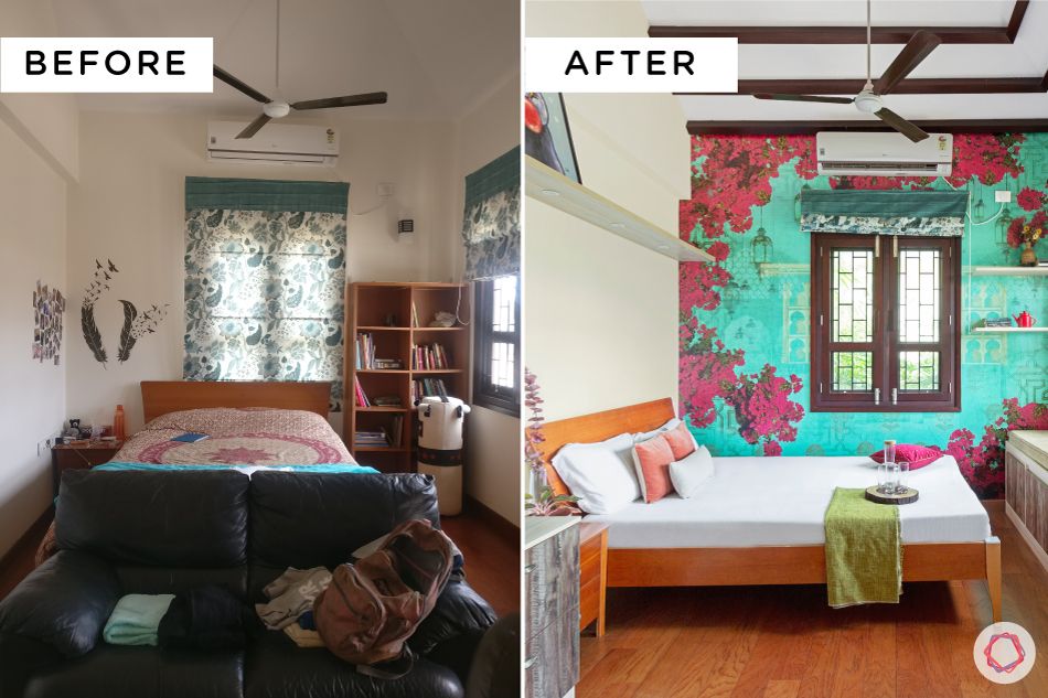 villa interior-before after renovation-floral wallpaper designs