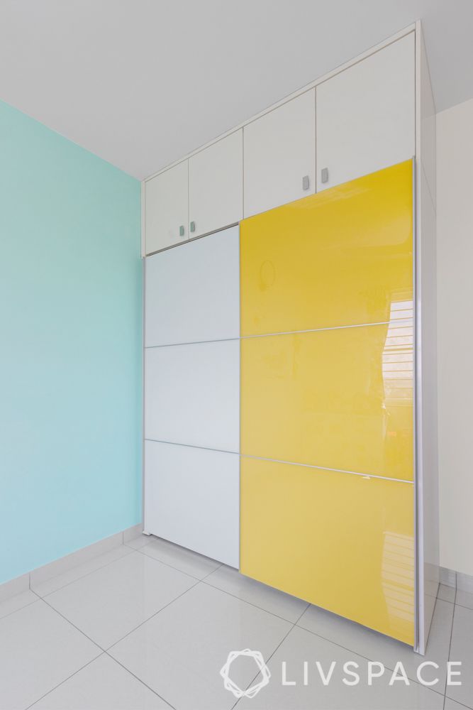 3 bhk flat interior images-lacquered glass wardrobe-yellow wardrobe