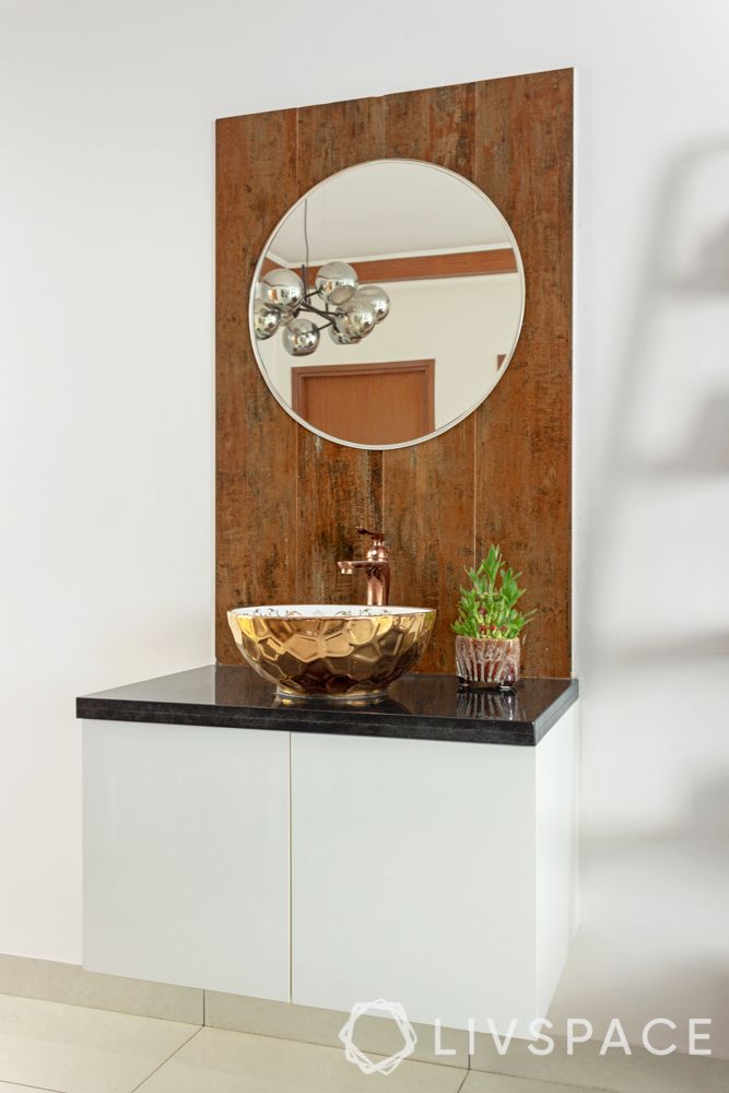 3 bhk flat interior images-copper basin designs-floating storage unit