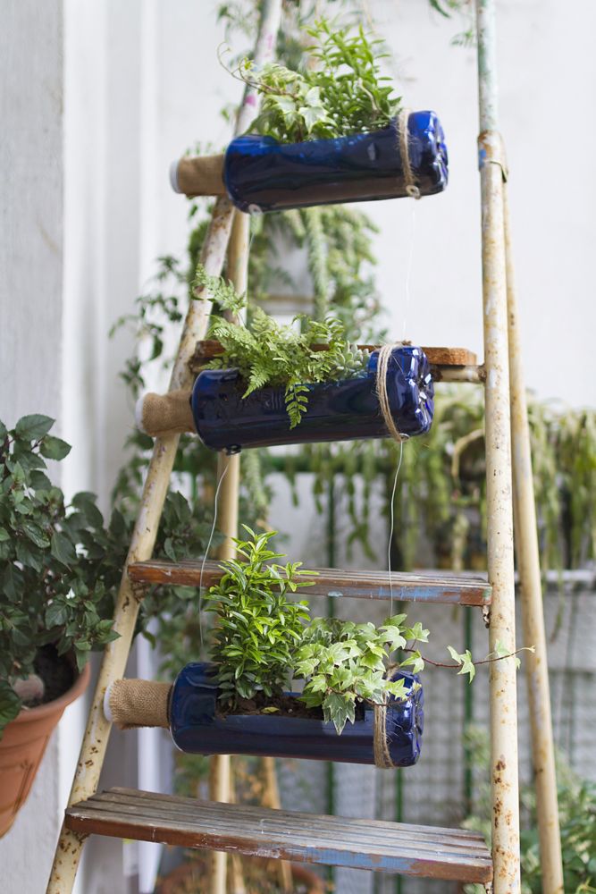 diy ideas for the home-bottle holder-ladder upcycle-garden balcony