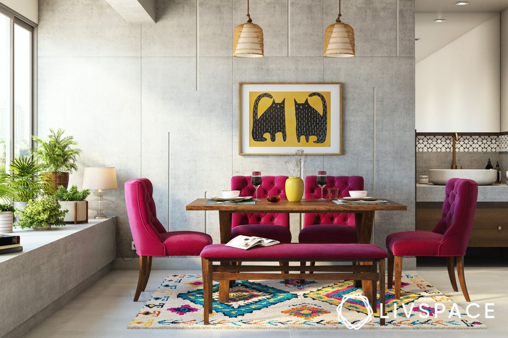 shruti-haasan-dining-room-pink-chairs-concrete-walls