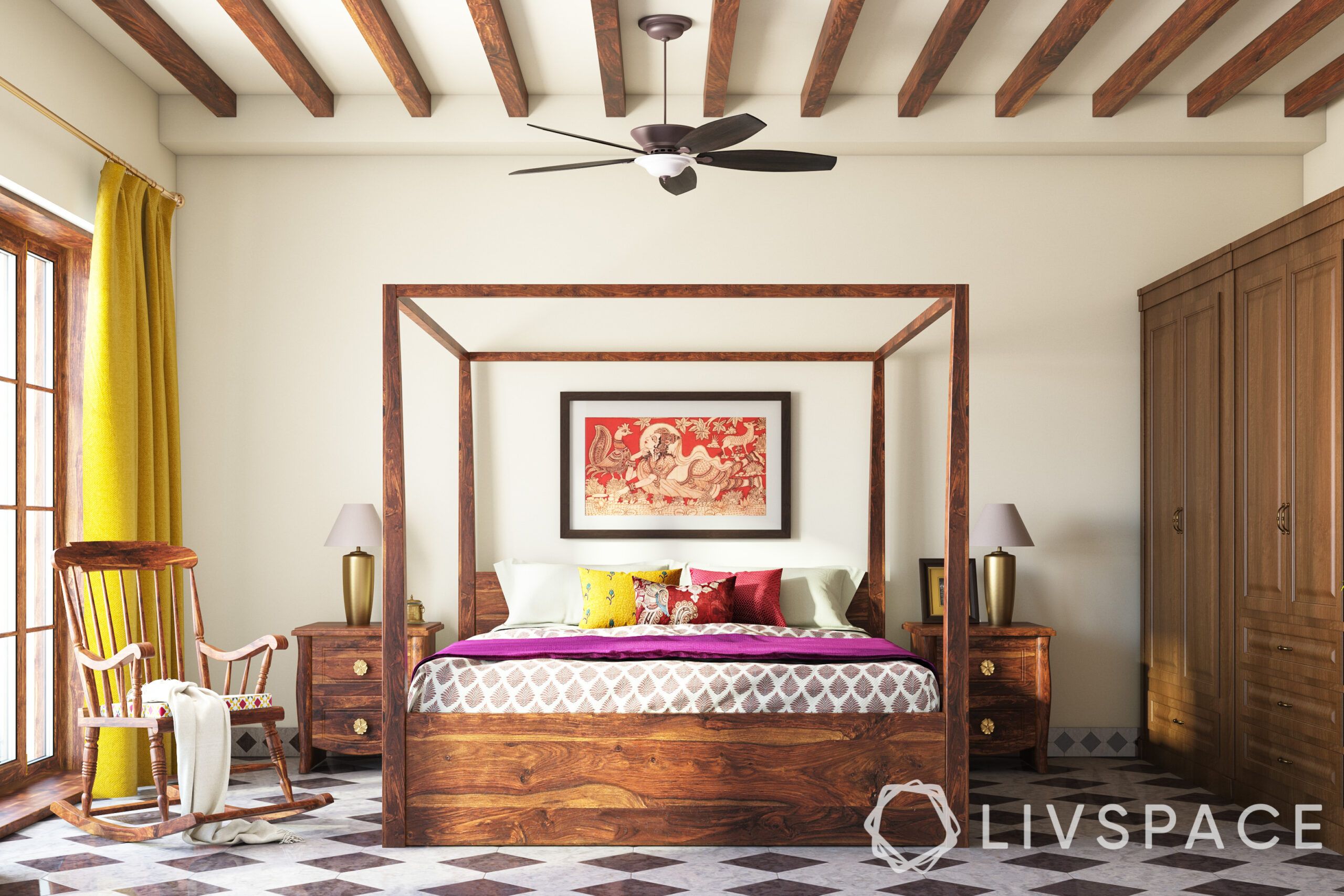 chettinad house-four poster bed-wooden furniture-rocking chair-chessboard tiles-wooden rafters