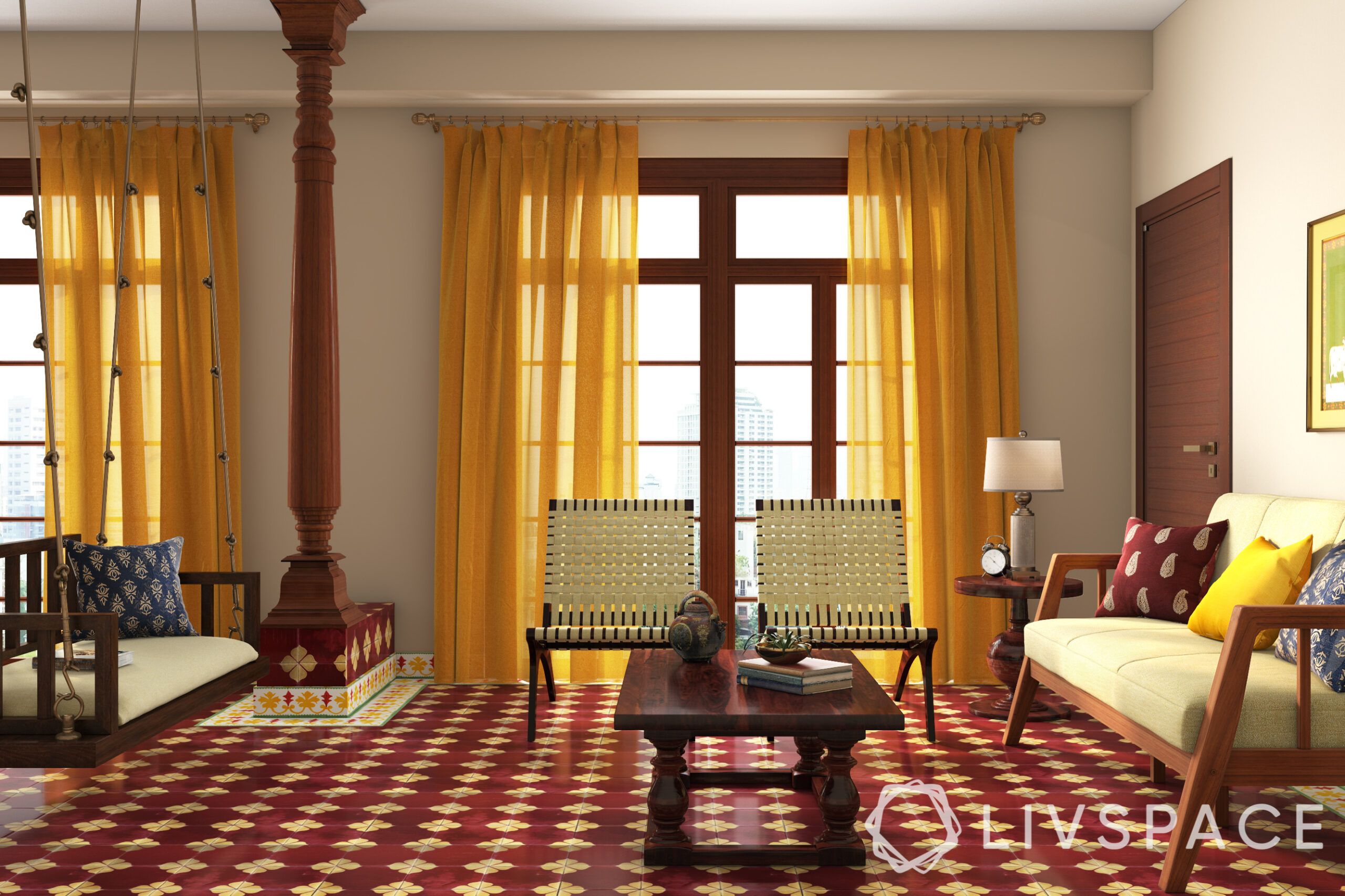 chettinad house-teak furniture-pillars-indoor swing-cane chairs