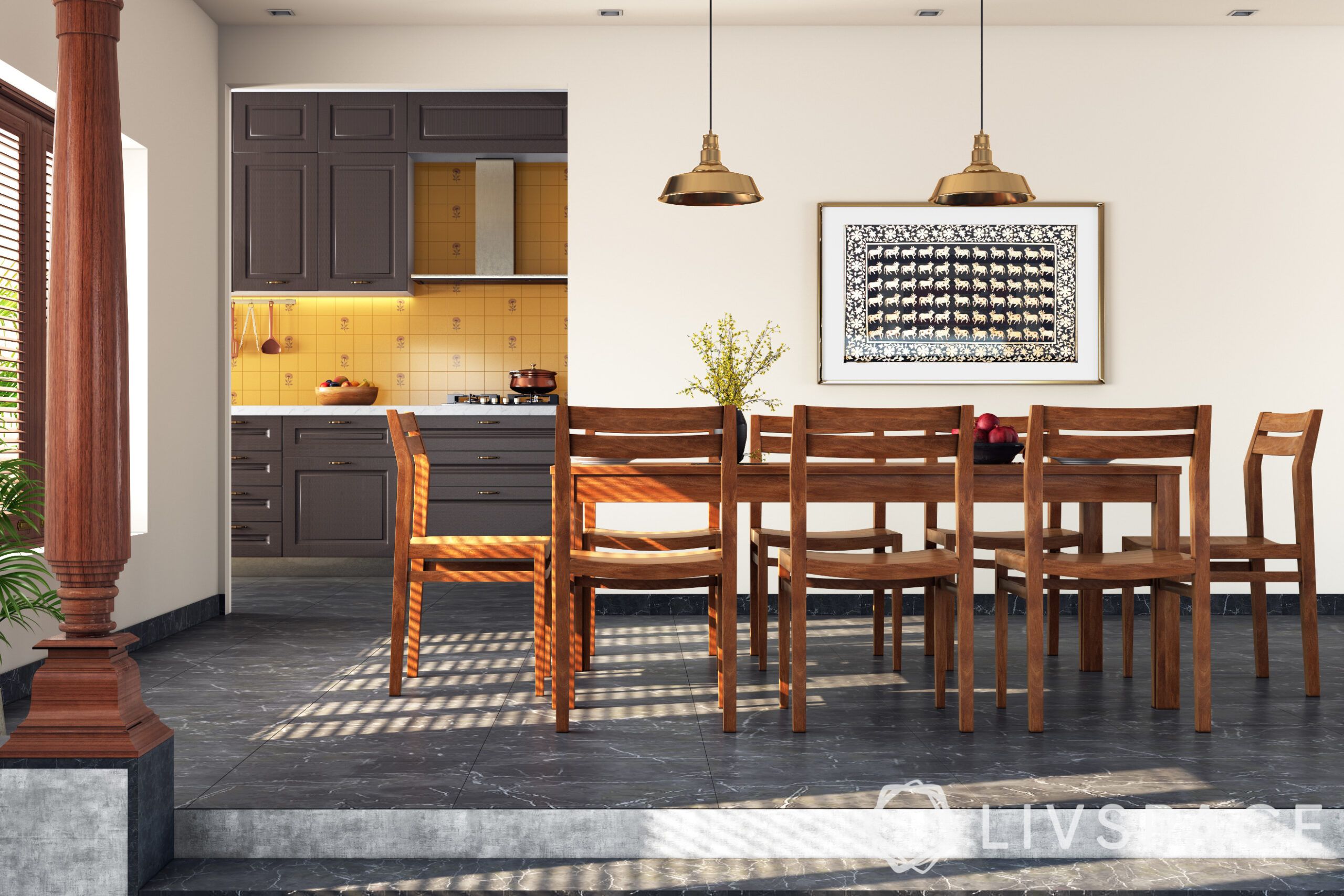 chettinad house-dining table-pillar-brass pendant lights-stone flooring-indoor plants