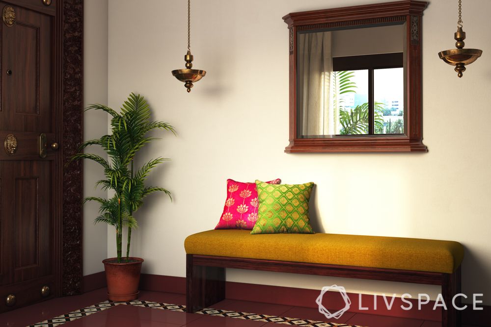 chettinad house-brassware-plants-wallpaper-lamps