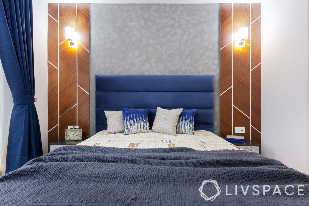 interior design company in gurgaon-son’s bedroom-blue theme-mdf panelling-chrome strips-headboard design