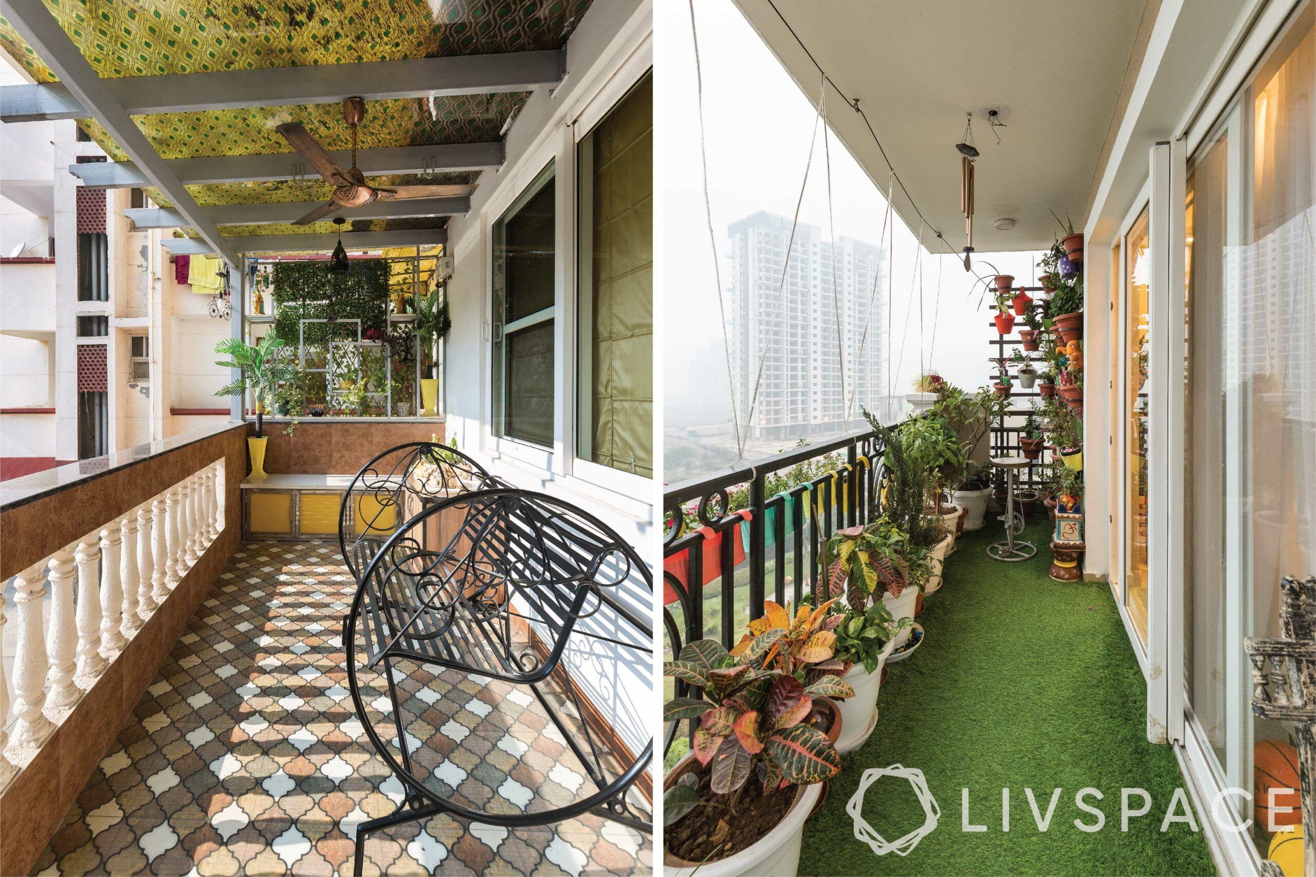 house balcony design-moroccan tiles-artificial turf-iron bench-planters
