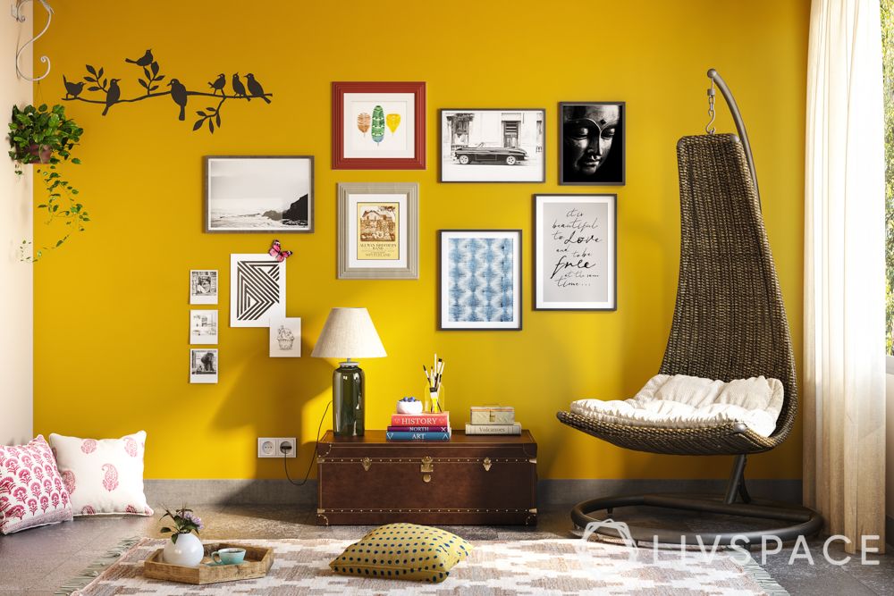 wake up sid-yellow wall-half moon swing chair-heirloom chest-artwork-floor mat-cushions