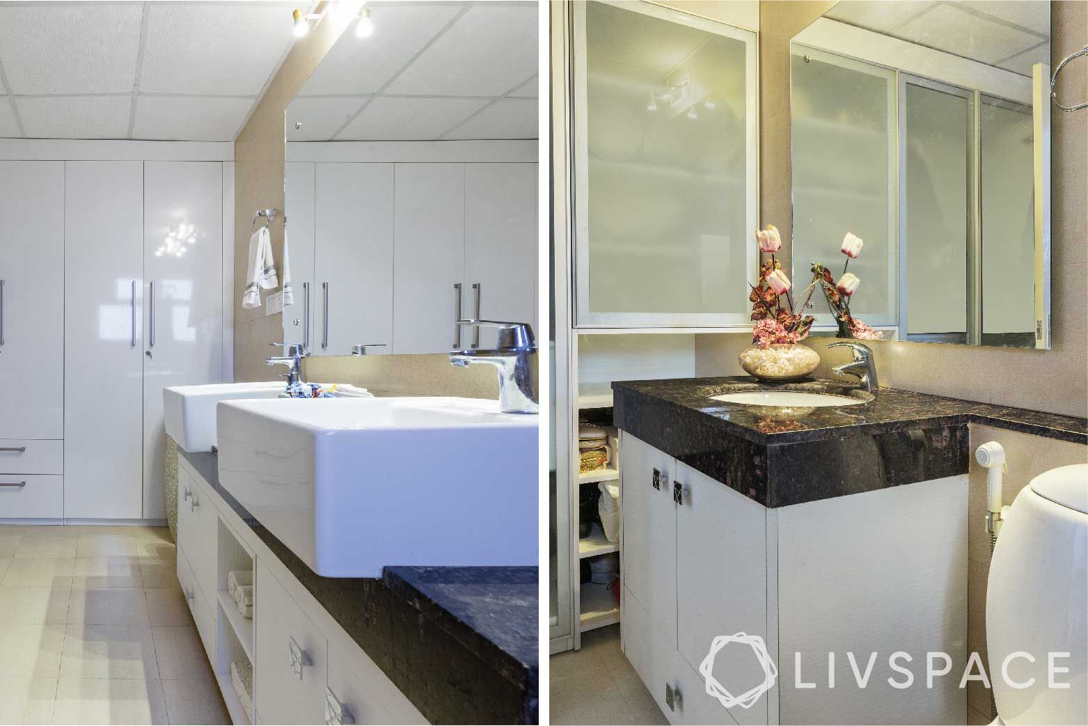 toilet design-white wardrobe-frosted cabinets-sinks-under sink storage