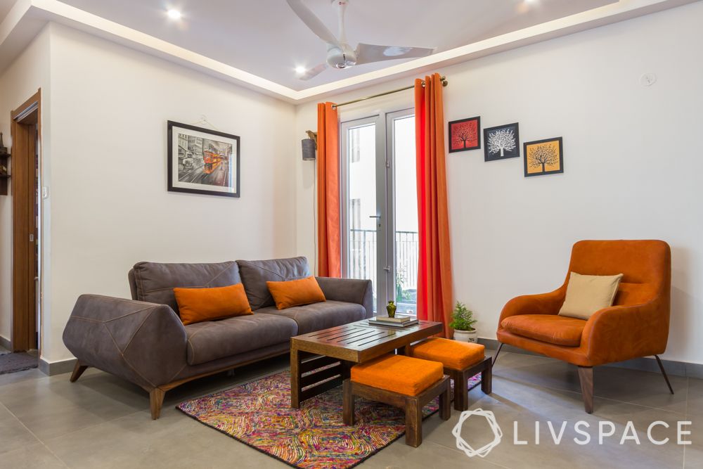 3bhk interior design india-living room-sofa-armchair-coffee table-nested stools