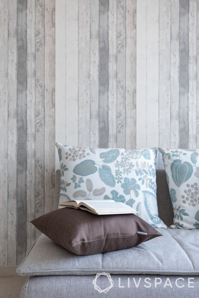beautiful wall designs-floral wallpaper-grey wallpaper-sofa-cum-bed