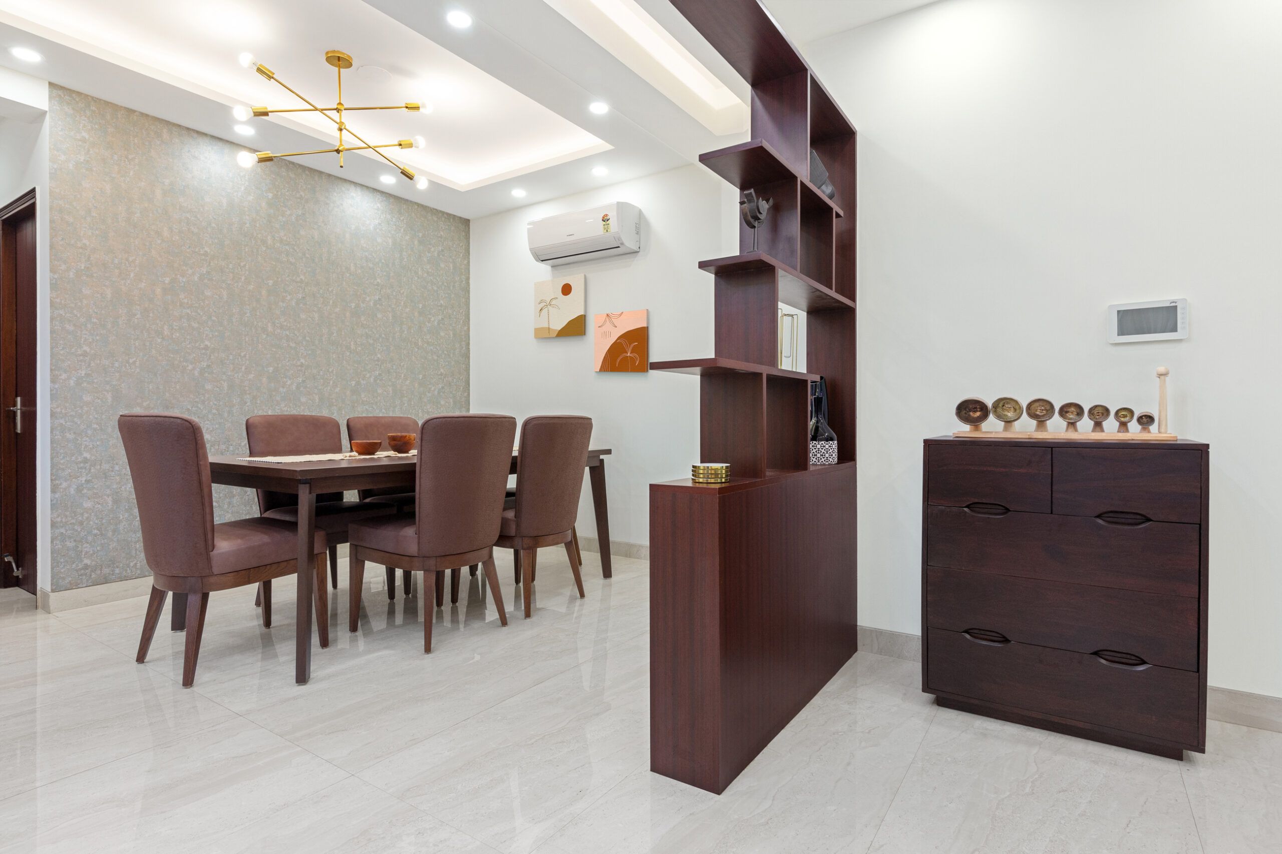 3 bhk design-wooden partition-shoe cabinet-chandelier-false ceiling design