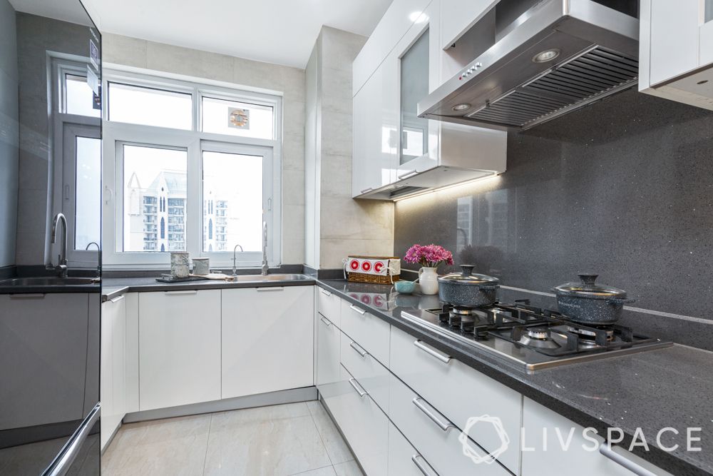 laminate cabinets-white and grey-L-shaped cabinets-backsplash designs