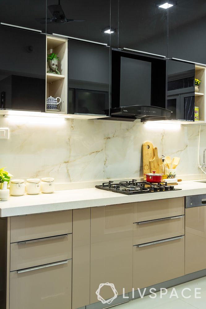 best interior designers in pune-kitchen-profile lighting-acrylic kitchen-frosted glass crockery unit-tall unit