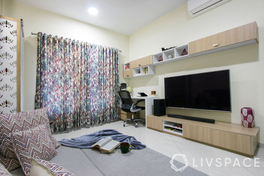 home interiors Bangalore-wardrobes-pooja unit-sofa-cum-bed-tv unit-study