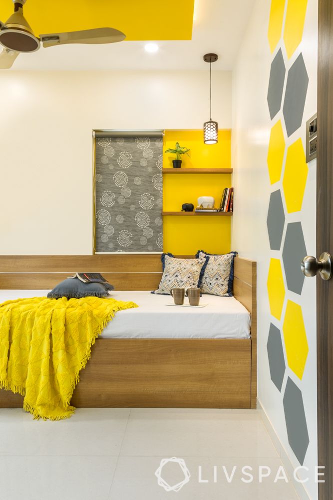 Wood interior design-yellow room-trundle bed-wooden shelves