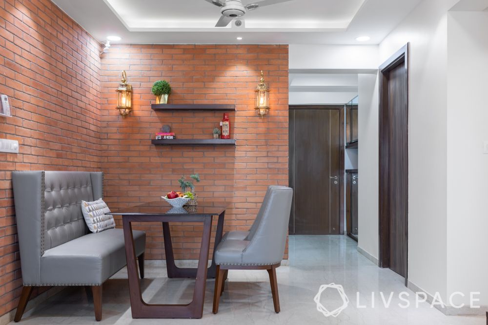 dining room storage ideas-exposed brick wall-floating shelves