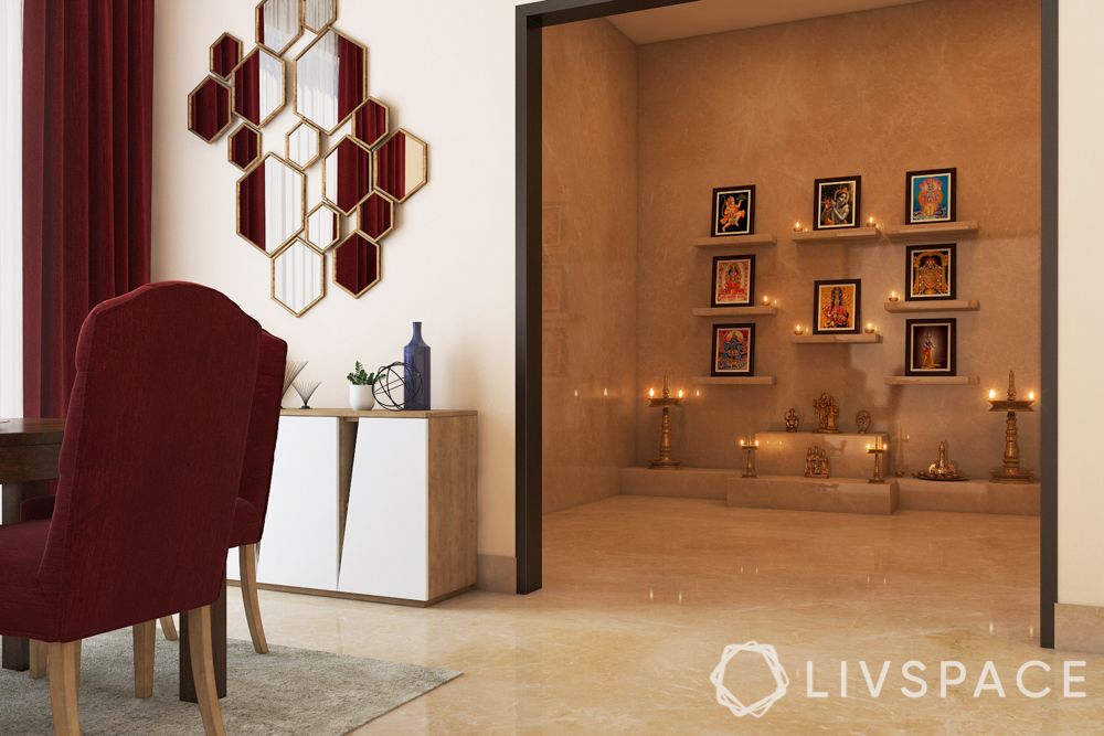 marble mandir design-marble shelves-mirror wall-diya lamps
