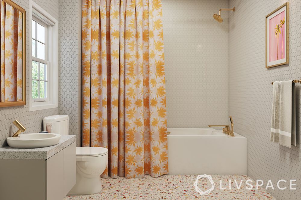 shower cubicles-curtain-tub-terrazzo floor-ceilings