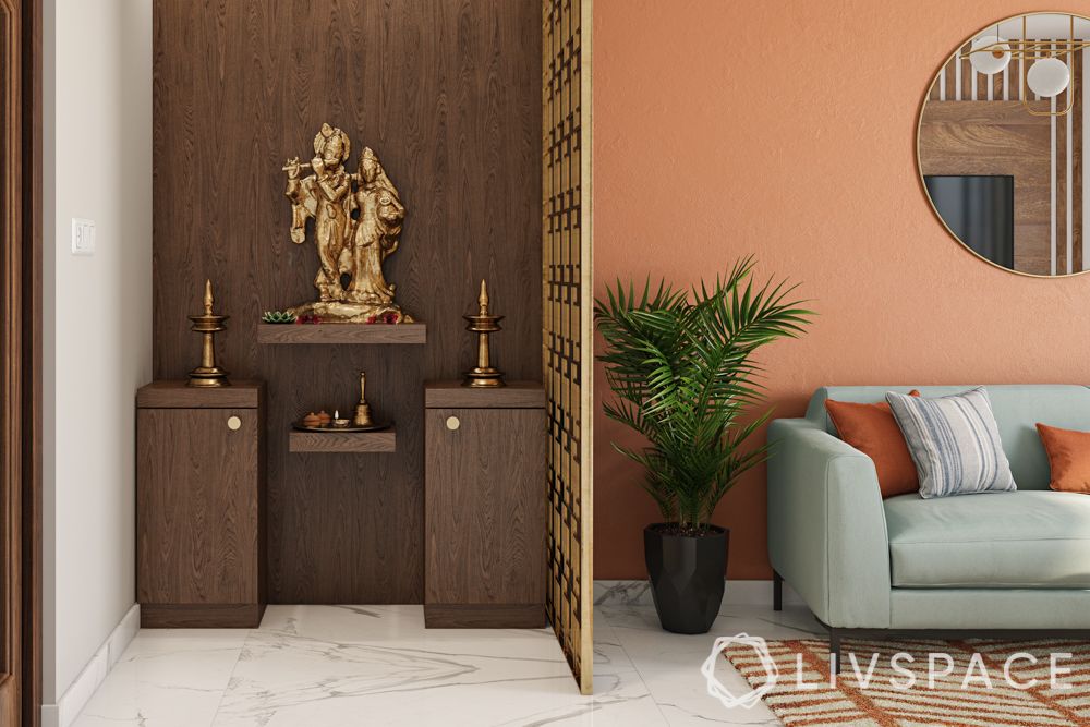 small pooja room designs in apartments-living room-jaali divider-wooden storage