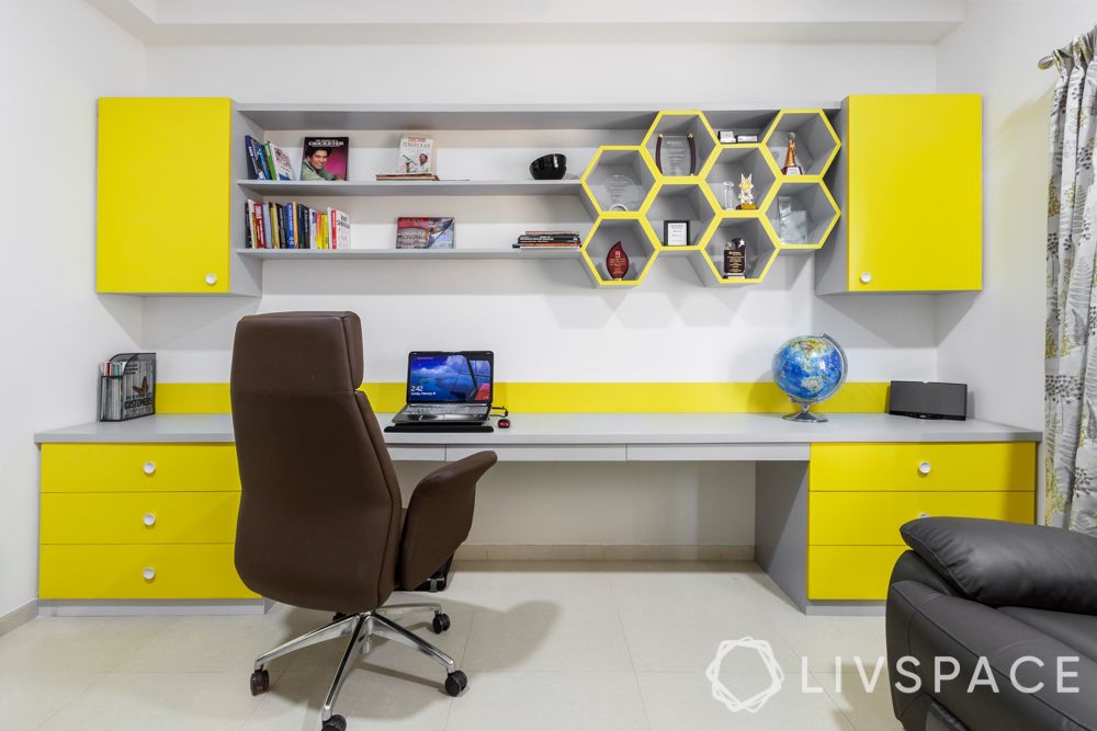 modern house interior-study room-table-yellow shelves