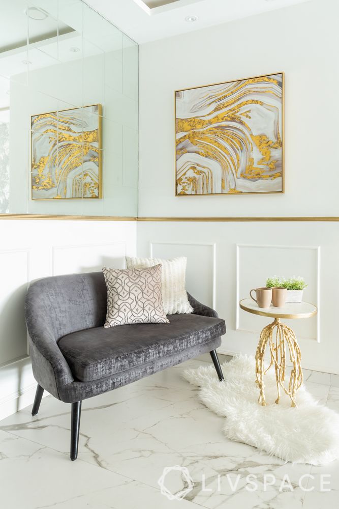 grey sofa-corner table-white walls