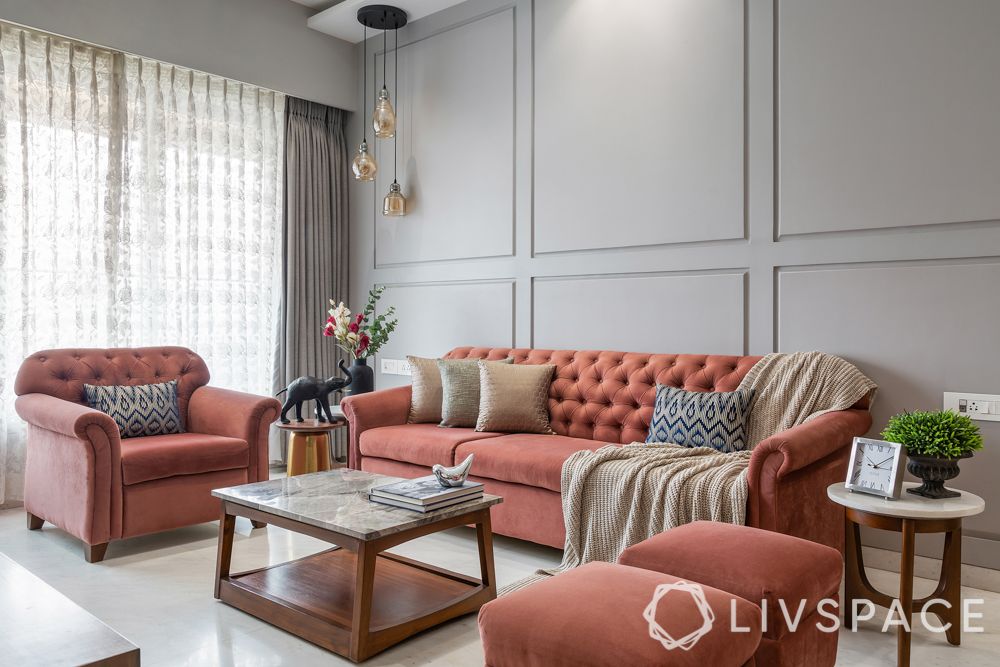 interior design styles-transitional-pink sofa
