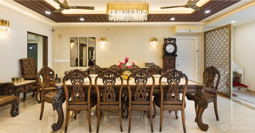dining table-wooden furniture-marble flooring-false ceiling
