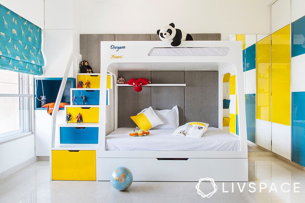 kids room design-blue bunk beds
