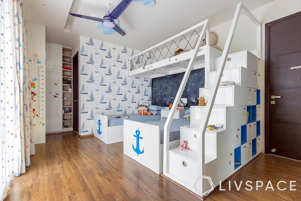 kids room design-blue bunk beds
