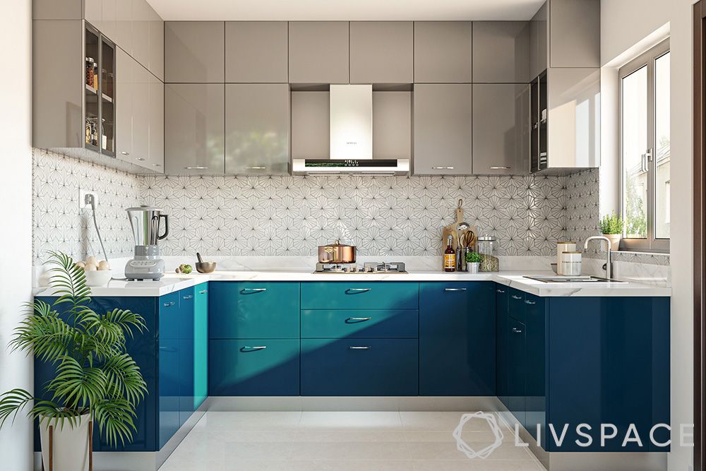 Livspace Advantage-blue base cabinets-grey wall cabinets-U-shaped kitchen