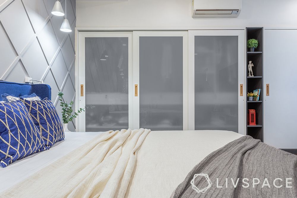 sliding wardrobes-display unit-grey accent wall-master bedroom designs