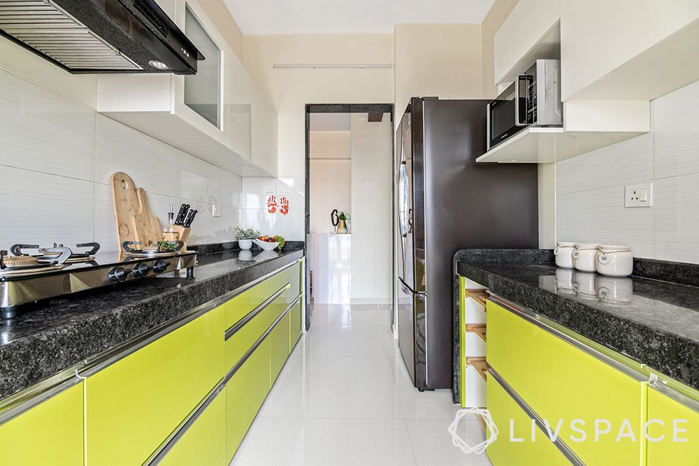 green kitchen cabinets=tandem drawers-granite countertop
