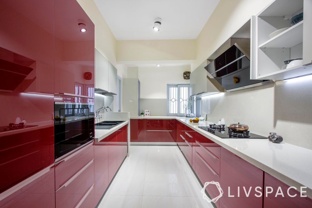 vitrified tiles vs marble-tile flooring-red and white kitchen