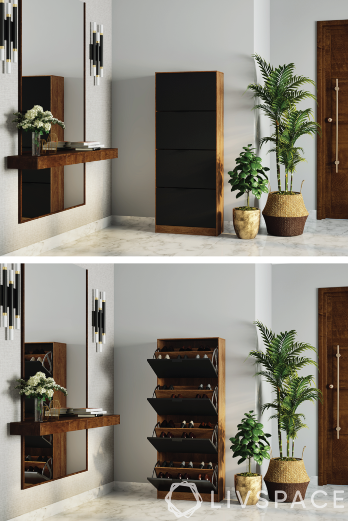 vertical shoe storage-foyer design-plants-mirror design
