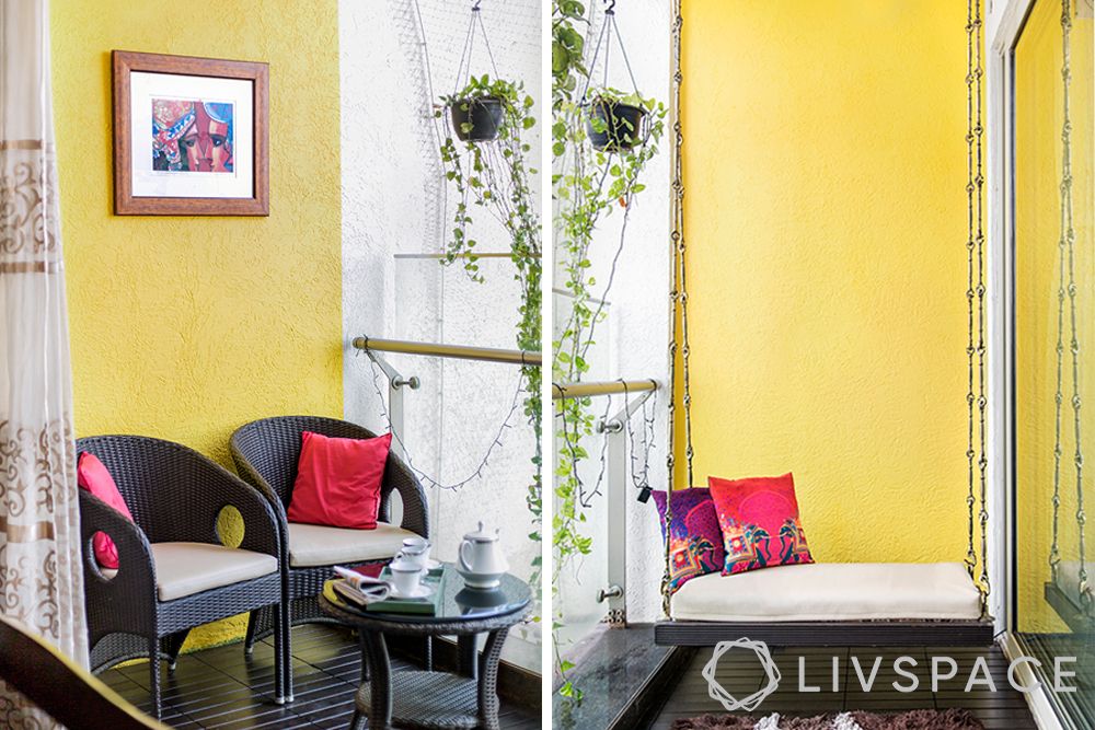 small-balcony-ideas-furniture-swing-yellow-wall