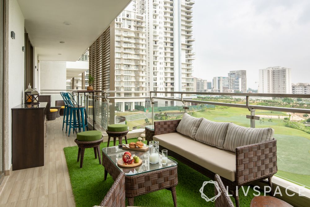 balcony seating-wicker sofa-bar stools