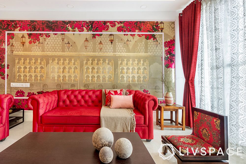 colour combination for living room-red sofa-red wallpaper