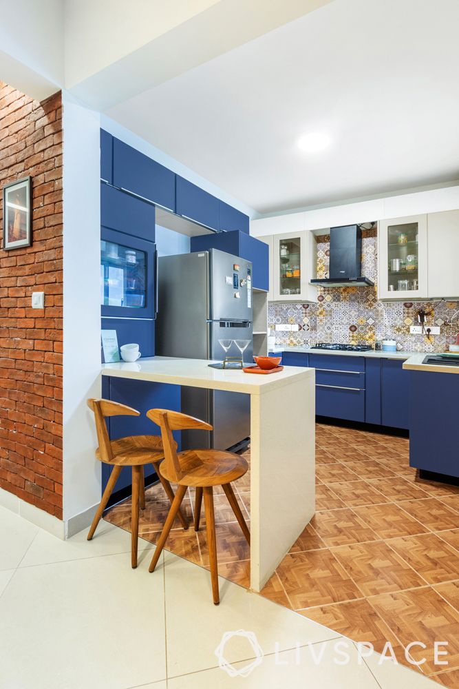 modern interior designer-breakfast counter-open blue kitchen