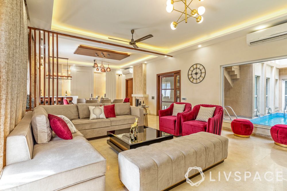 villa interior designer-red sofa-l shaped sofa
