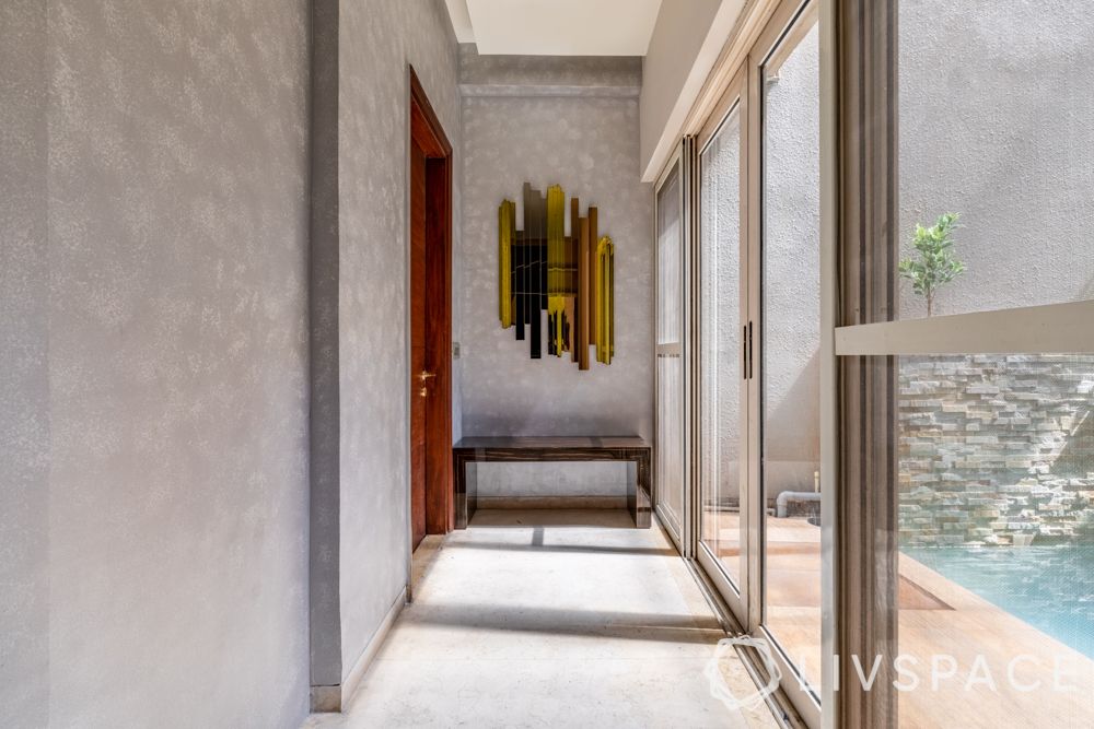villa interiors-grey walls-corridor decor
