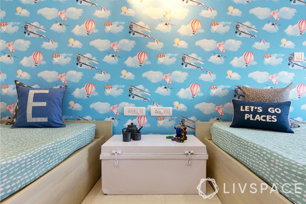 modern home interior-travel themed blue wallpaper-beds for kids-twin room