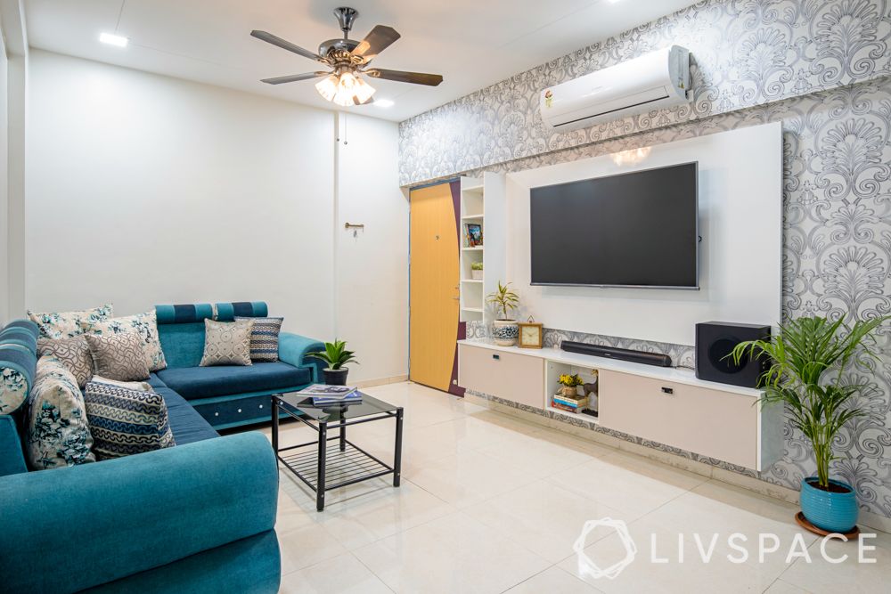 interior for 2 bhk-living room-white tv unit
